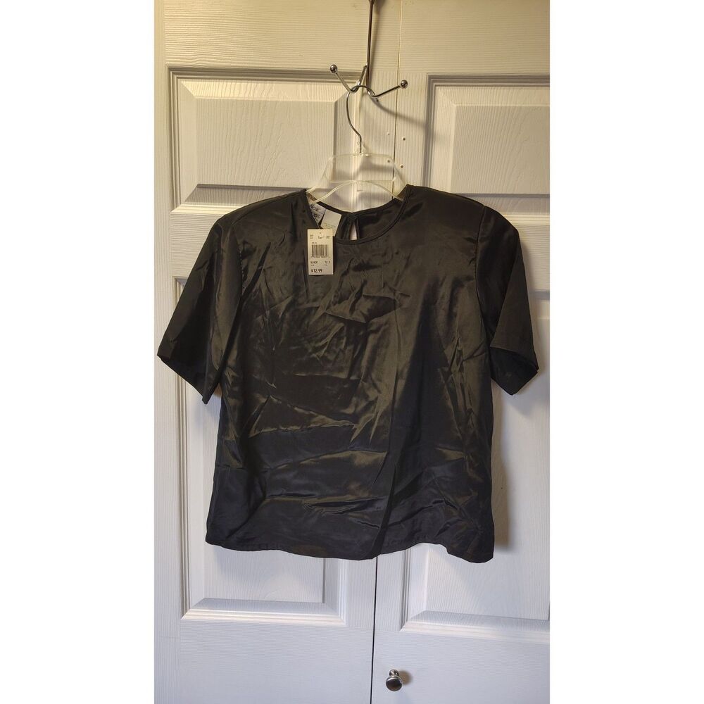 NWT New Editions Petites Satin Short Sleeve Blouse - Jet Black 12P